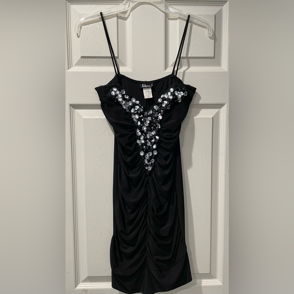 Taboo Black Bodycon Rhinestone Embellished Ruched Mini Dress